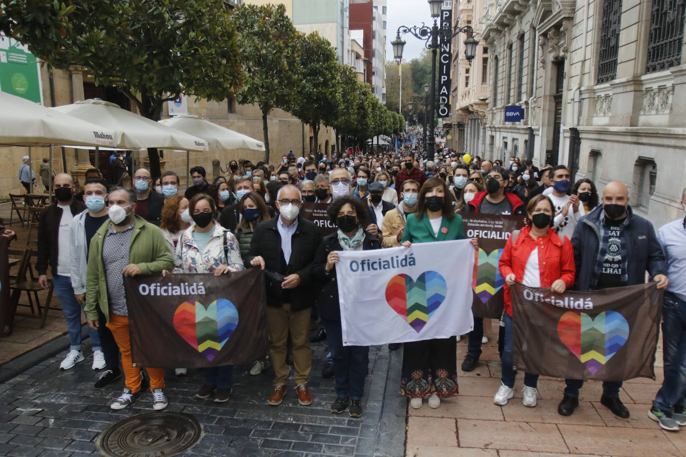 Miles de personas recorren el centro de Oviedo en la concentración por la oficialidad de la llingua. 