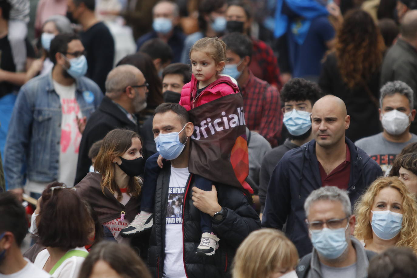 Miles de personas recorren el centro de Oviedo en la concentración por la oficialidad de la llingua. 