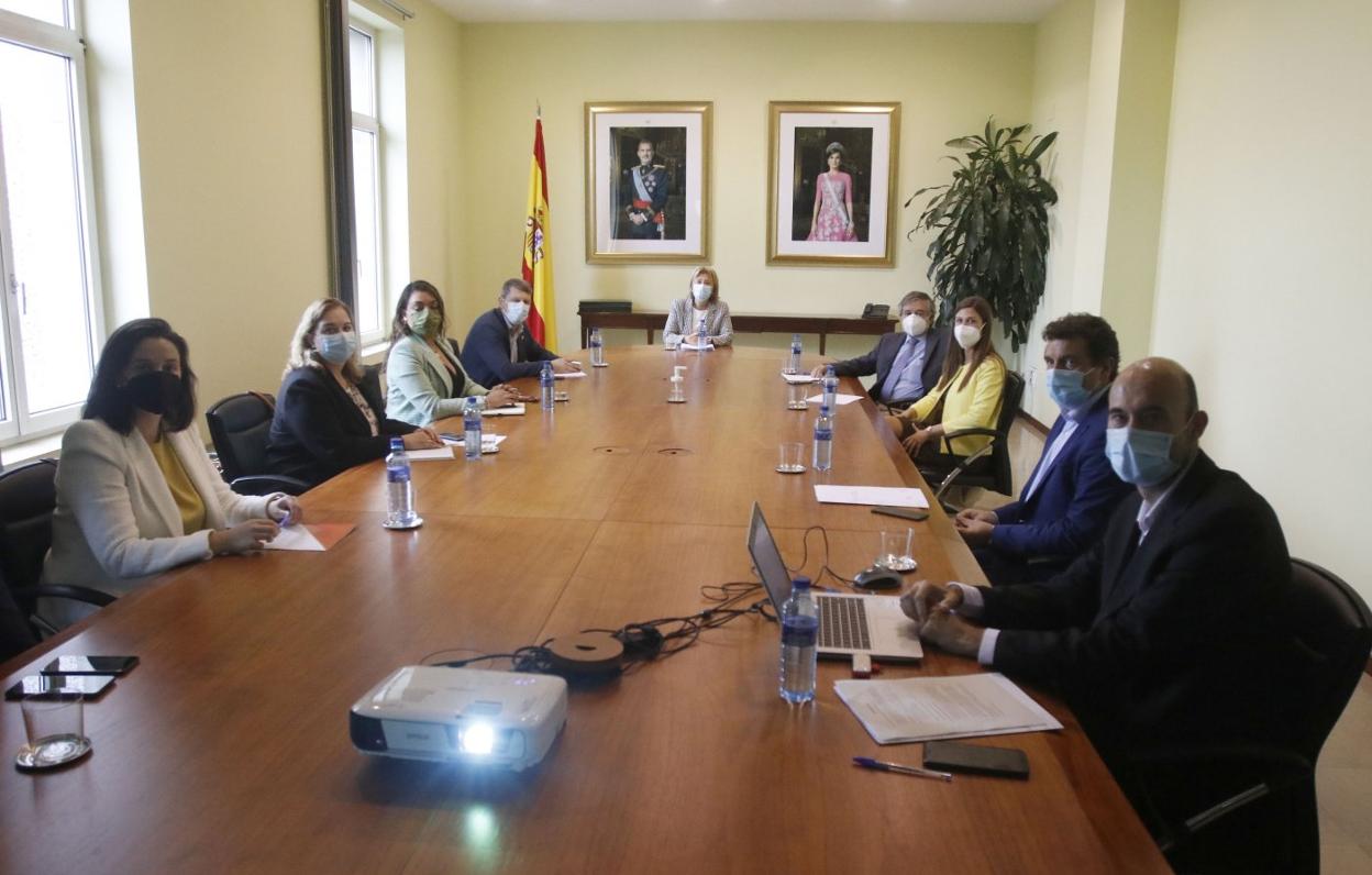 La delegada del Gobierno, Delia Losa, durante su reunión en Oviedo con el alcalde de Tineo, José Ramón Feito, y con los representantes de los grupos municipales del Consistorio. 