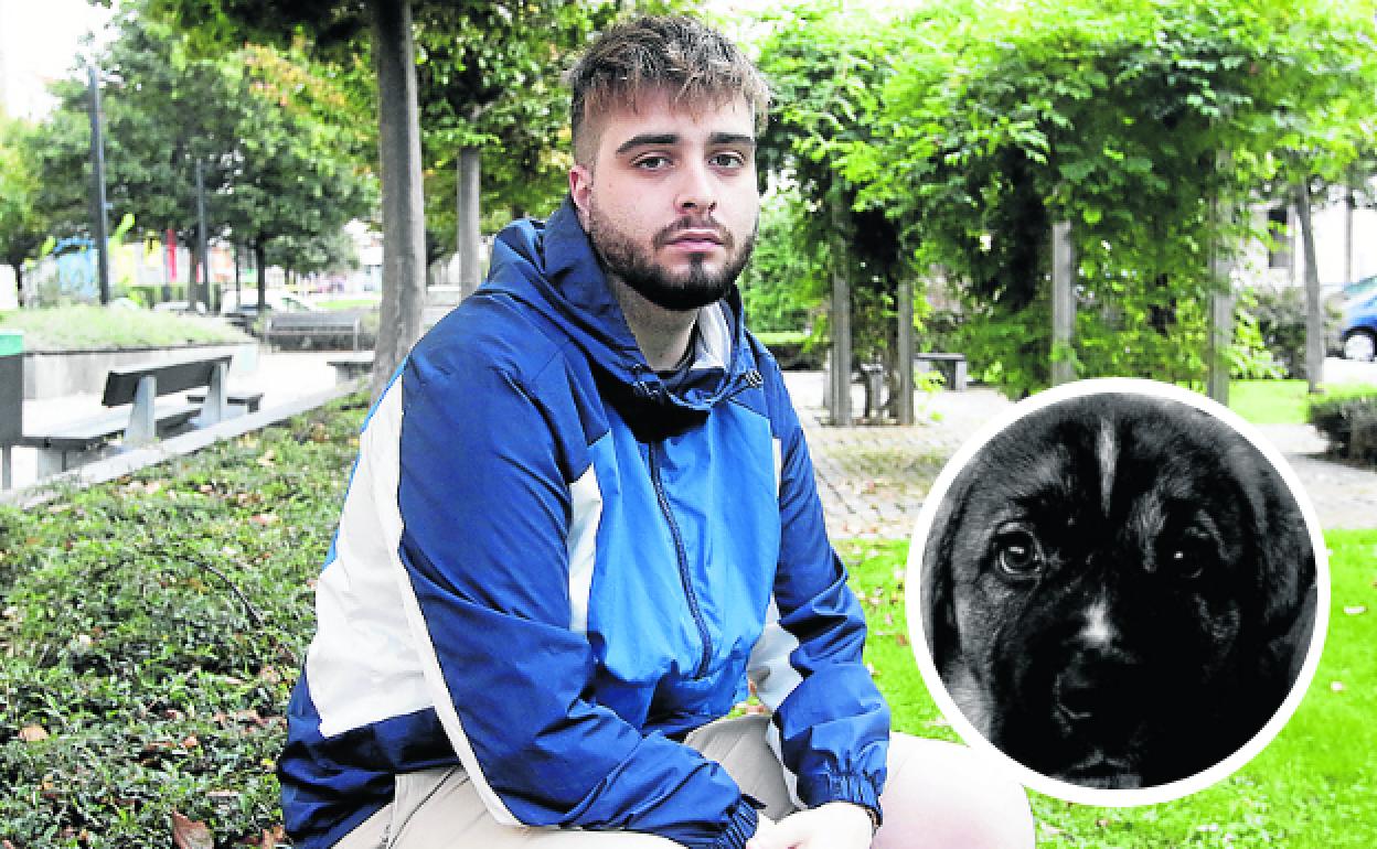 Arriba, Álex Ferrera, que lleva cuatro años intentando recuperar a 'Rufus' -abajo, de cachorro- de la perrera de Serín. 