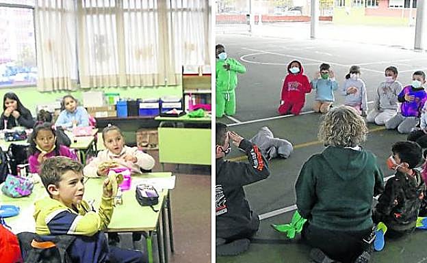 Los alumnos ponen en práctica cómo inhalar y exhalar durante el ejercicio físico en el patio.