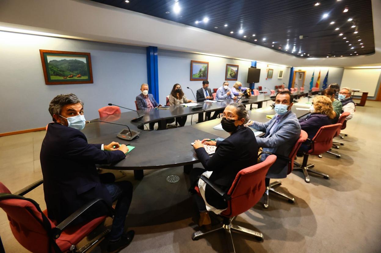 El consejero de Medio Rural, en una reunión con representantes ganaderos sobre la problemática del lobo. 