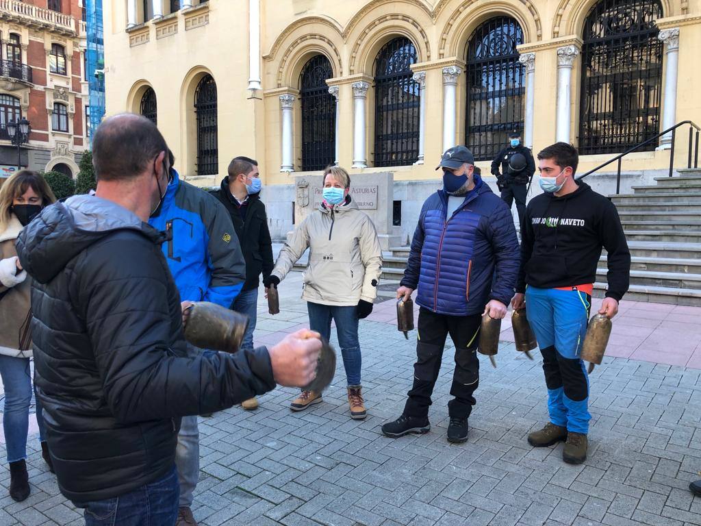 Representantes del colectivo 'Asturias Ganadera' se han manifestado este viernes ante las sedes de Presidencia del Principado y Delegación del Gobierno en Asturias para pedir «diálogo» al Ejecutivo del socialista Adrián Barbón y exigir el «cese» de la delegada del Gobierno, Delia Losa, a la que acusan de «represora»