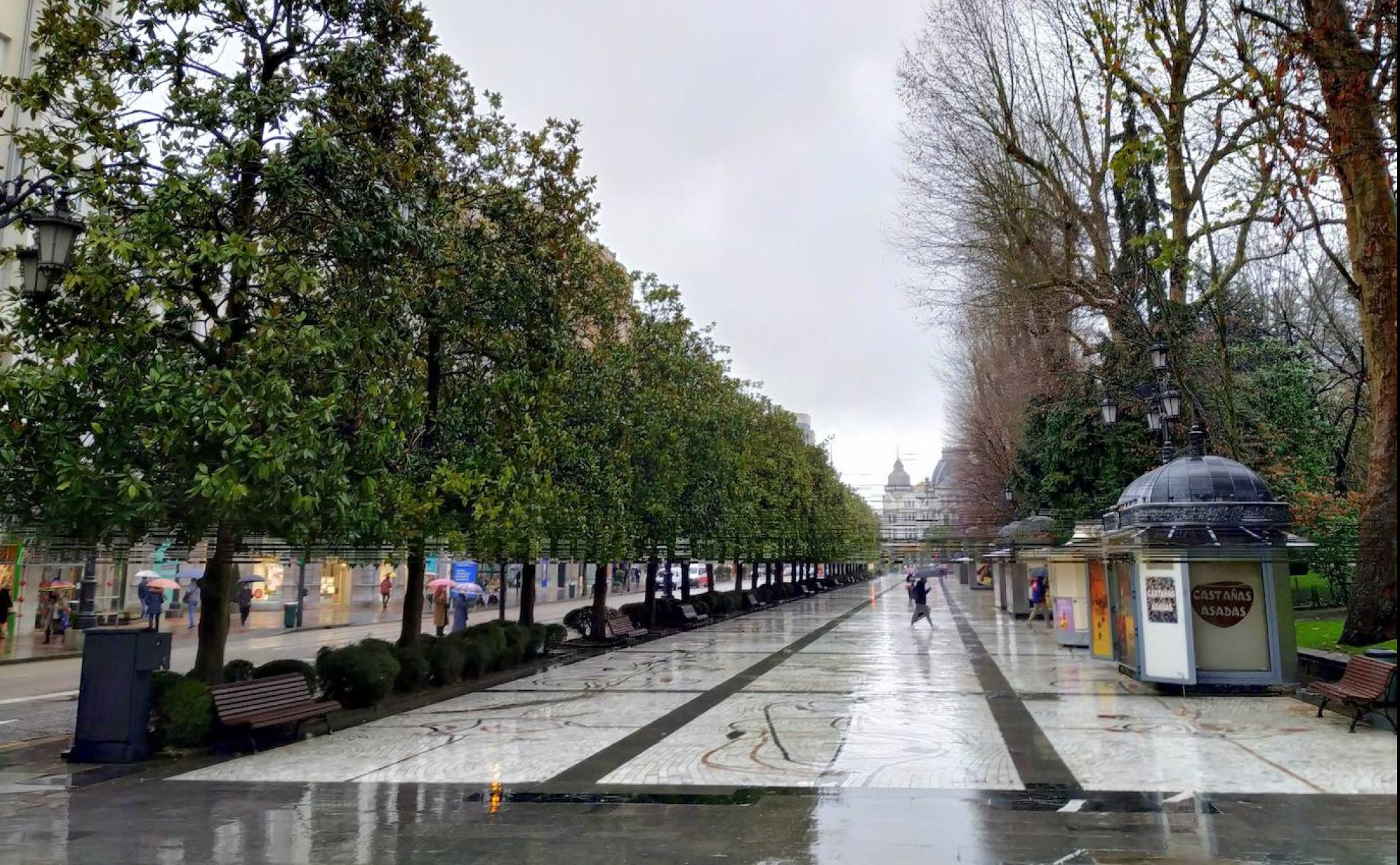 Paseo de los Álamos con otra hilera de magnolias grandiflora enmarcando el mosaico de Antonio Suárez reconocido internacionalmente por el DOCOMOMO. 