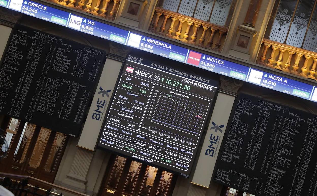 Pantallas de cotización en la Bolsa de Madrid. 