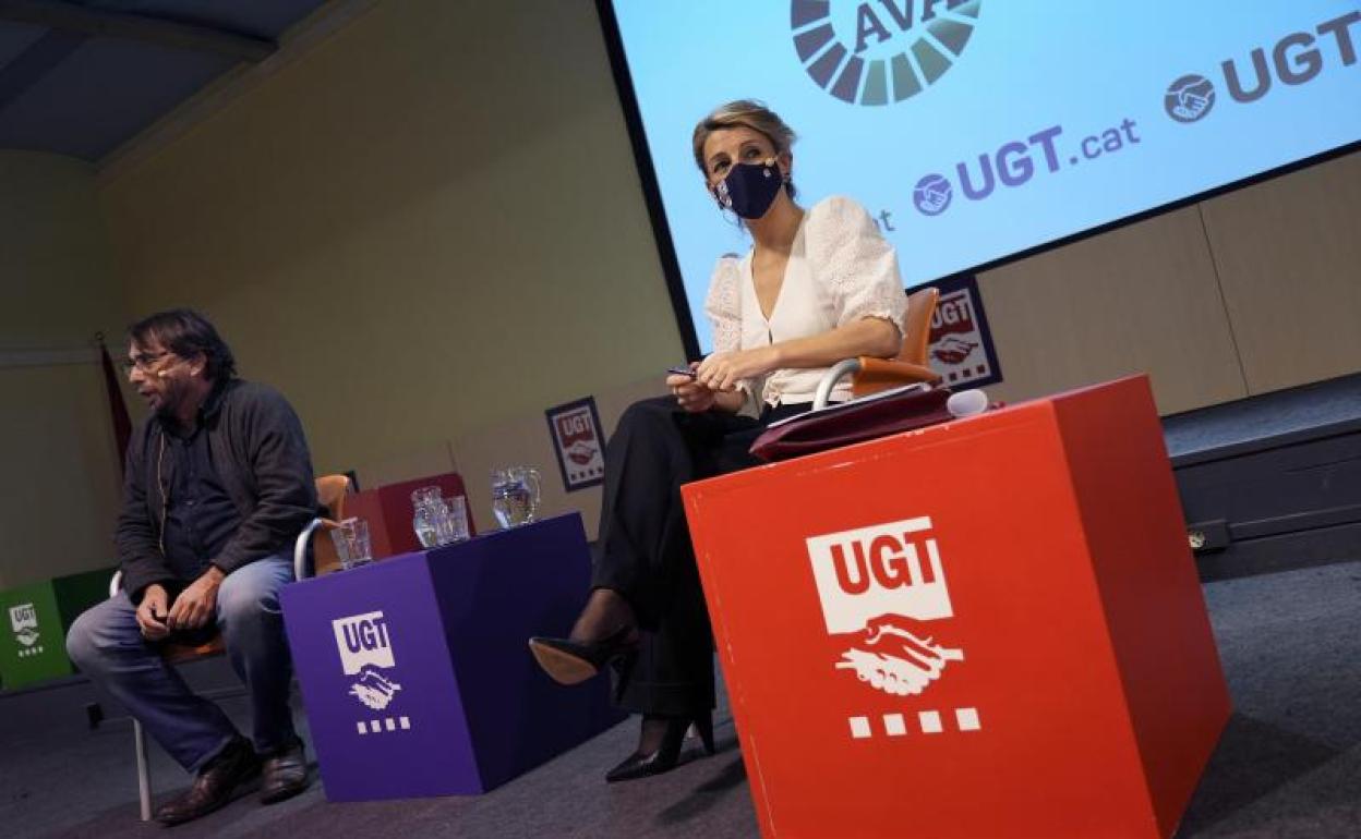 Yolanda Díaz, durante el acto de UGT en Barcelona. 