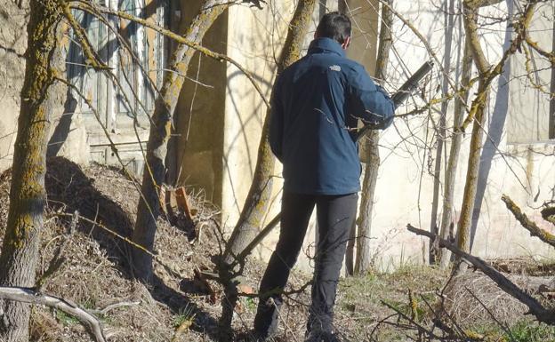 Un voluntario rastrea un terreno próximo a La Maña con un detector de metales.