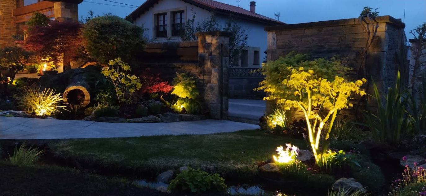 Espectacular vista del jardín delantero iluminado por la noche.