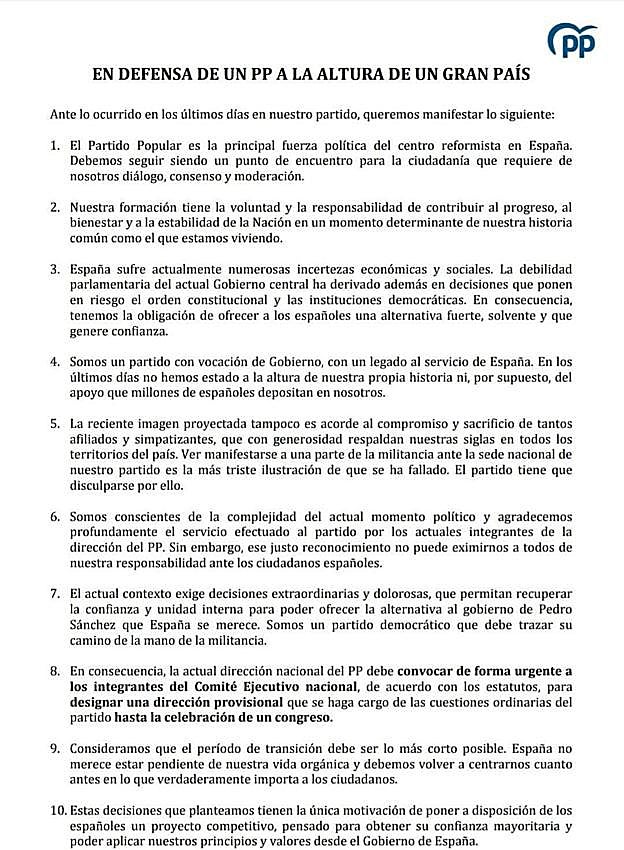 Manifiesto que circula entre los cuadros y los militantes del partido para pedir una gestora que pilote el partido hasta un congreso que ponga fin a la etapa de Pablo Casado.