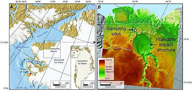 Mapas con la ubicación del cráter de Hiawatha en Groenlandia (izquierda) y la forma de la superficie terrestre bajo el hielo. 