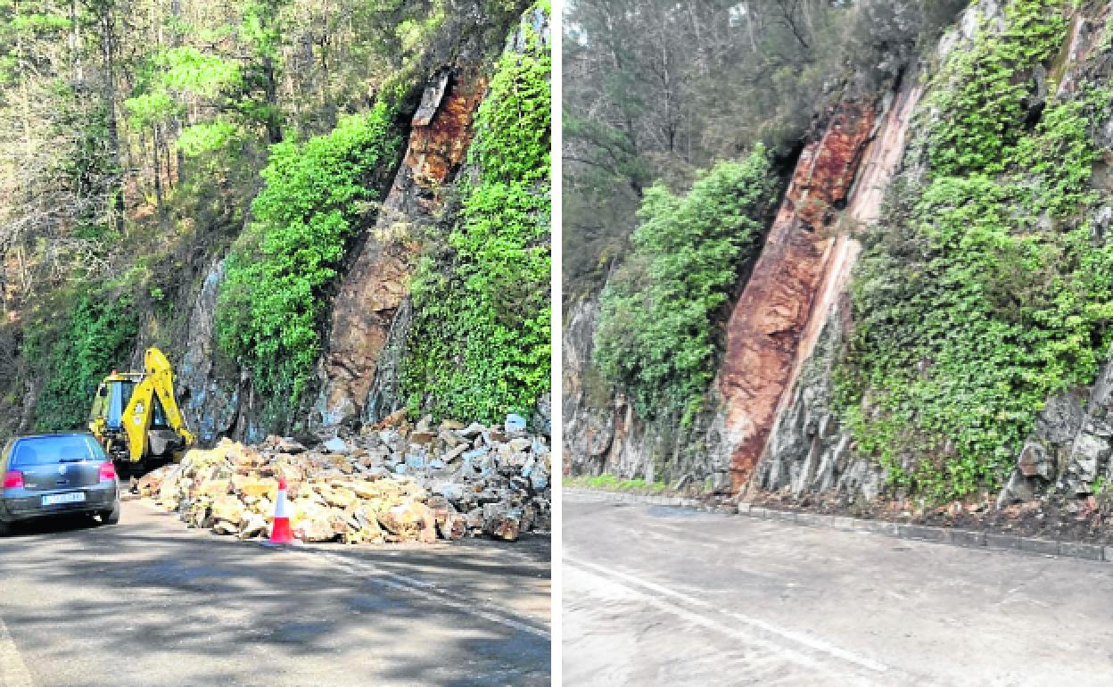 Los operarios picaron las grandes rocas durante la mañana. A la izquierda, el carril que estaba cerrado por el desprendimiento quedó abierto al tráfico este lunes por la tarde, en torno a las 18.50 horas. 
