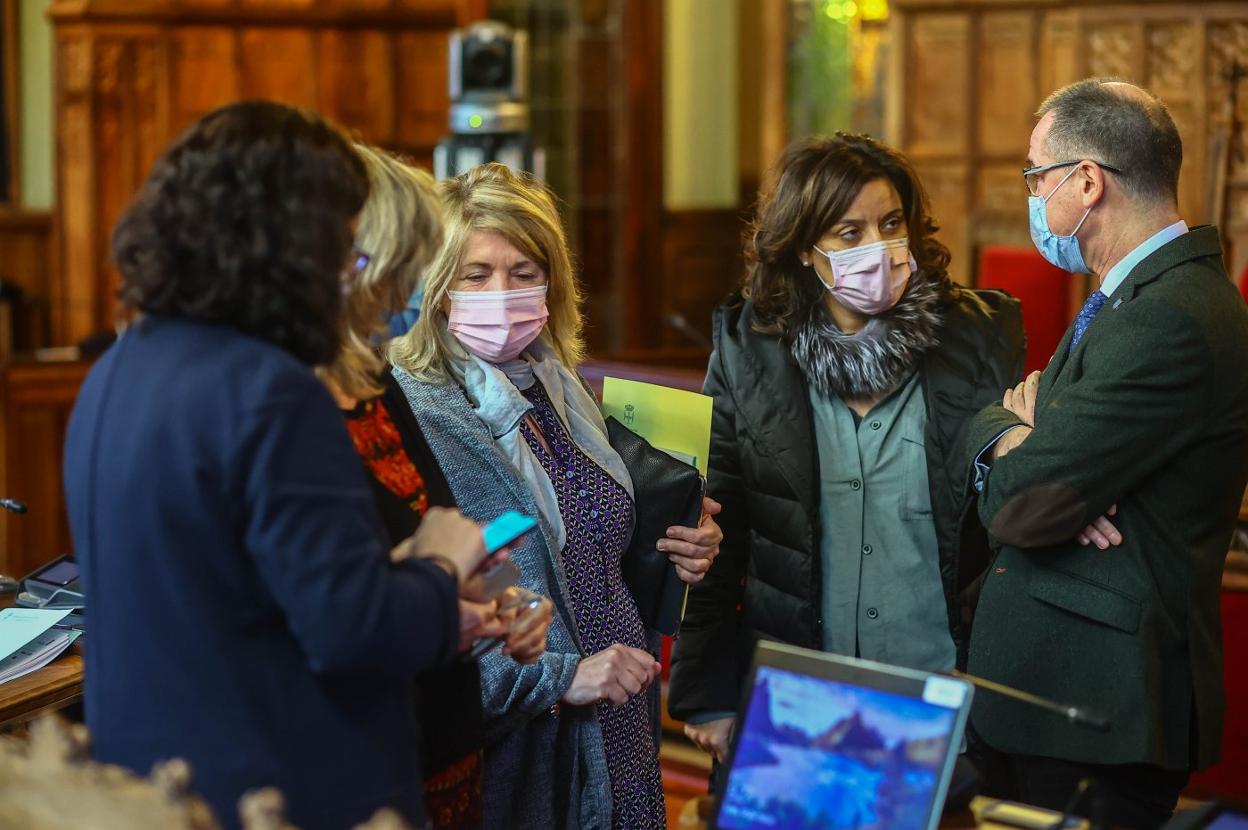 El consejero de Salud, Pablo Fernández Muñiz, charla con la popular Beatriz Polledo, en la Junta. 