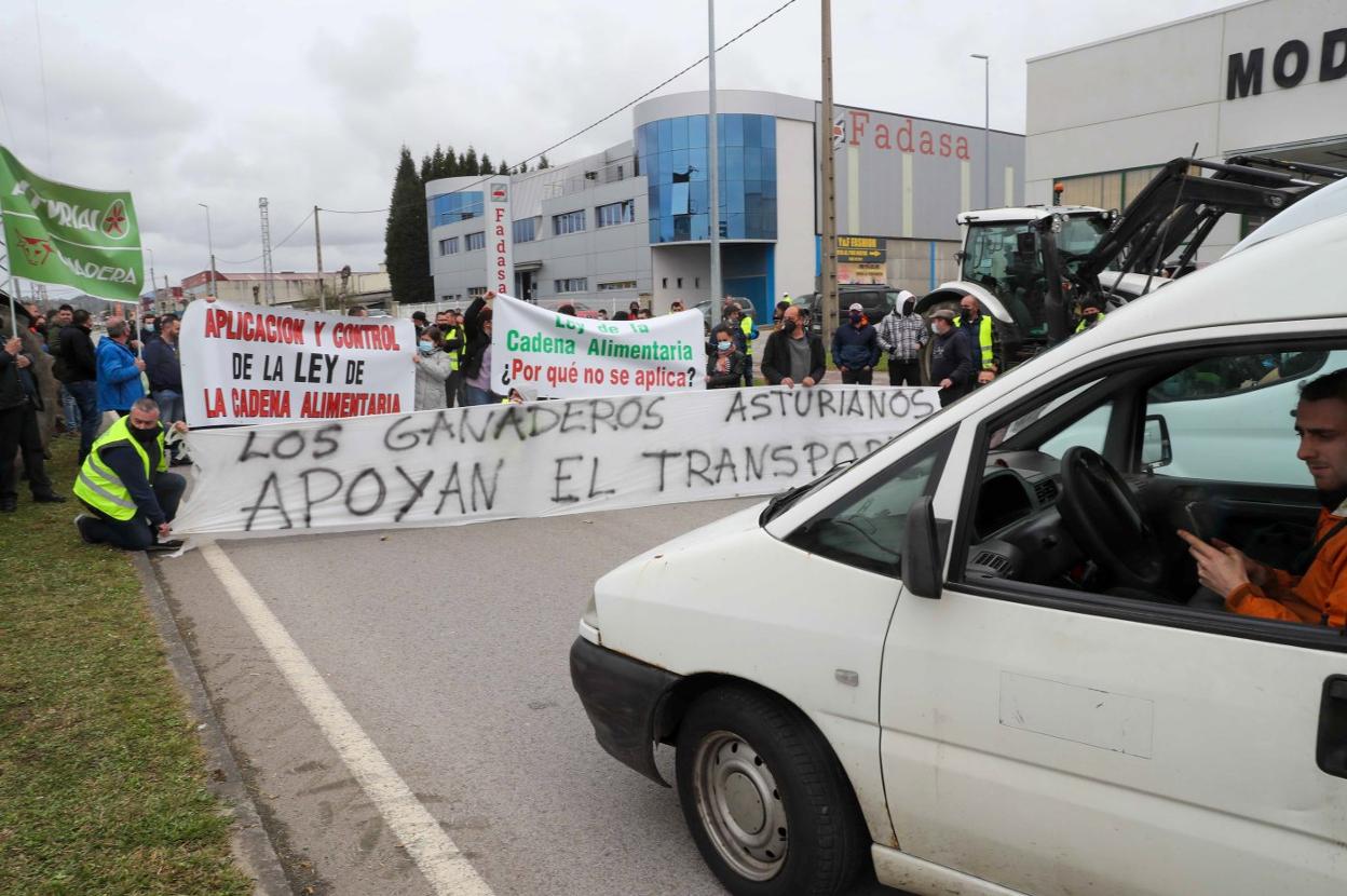 Integrantes de Asturias Ganadera, junto a los transportistas. 