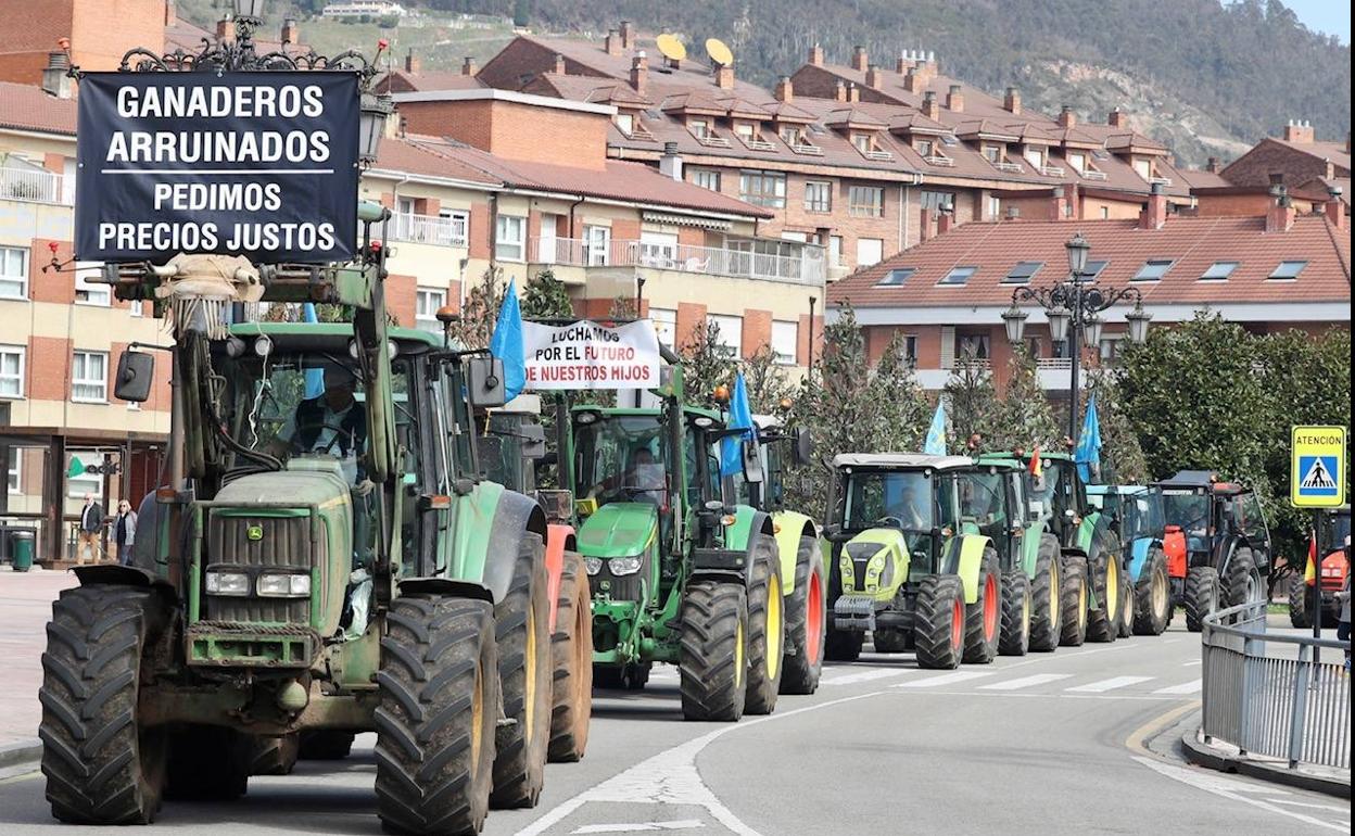 Protesta de ganaderos en Oviedo esta mañana.