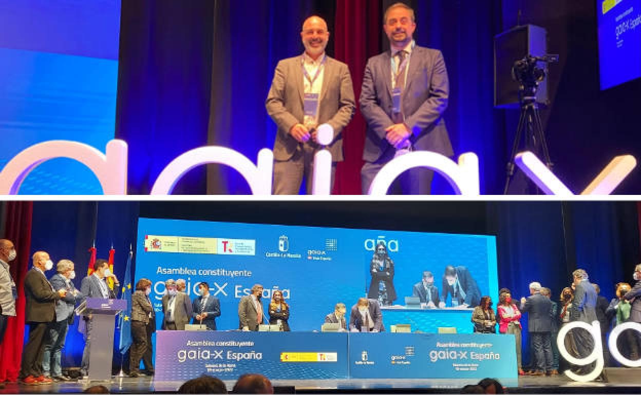 Arriba, Miguel Ángel Acero (Izertis) y Pablo Coca (CTIC), los representantes asturianos en GAIA-X. Abajo, Coca estampa su firma, tras su elección como miembro de la primera junta directiva por CTIC. 