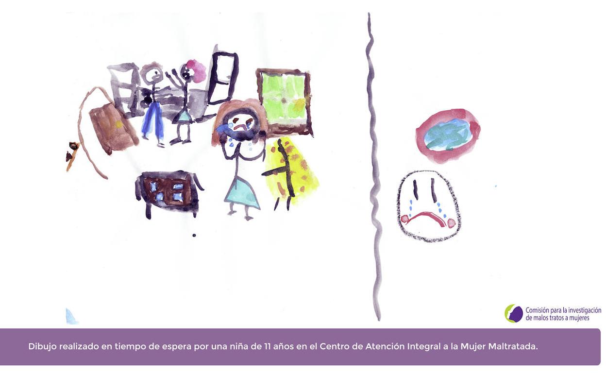 Dibujos realizados por menores víctimas para la exposición 'Crecer con miedo: niños y niñas ante la violencia de género'.