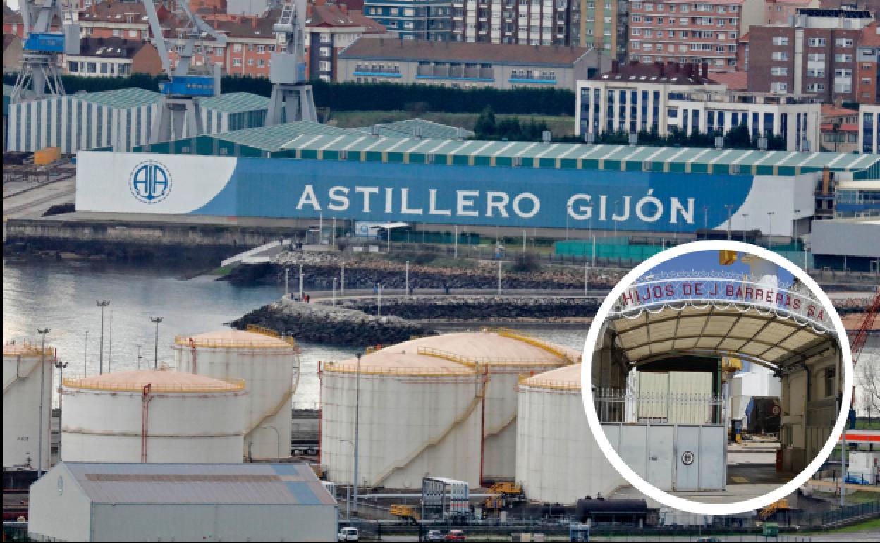 En grande, Astillero Armón de Gijón. En el círculo, la fachada de Astilleros Barreras 