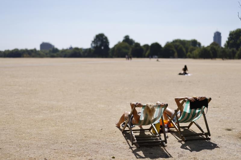 Dos jóvenes toman el sol el Hyde Park, el parque londinense que este mes arroja una imagen impactante. La hierba se ha marchitado por completo en contraste con el verdor que presentaba en primavera. El sur y el este de Inglaterra son los más afectados por una ola de calor que hizo que el pasado julio fuera el más seco desde 1935