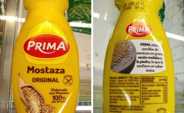 Envase de la mostaza de Prima afectado por la alerta alimentaria de la Aesan. 