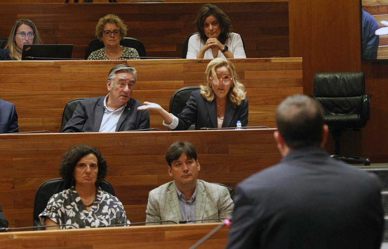 Teresa Mallada y Pablo González, por detrás de los consejeros Borja Sánchez y Berta Piñán, reaccionan ante una afirmación del presidente. 