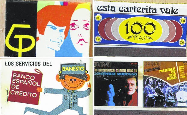 Carterita de fósforos de la cafetería de Galerías Preciados; una cajita que era un vale para la Feria de Muestras; los bancos también tenían cerillas; hasta los discos se publicitaban por esta vía.