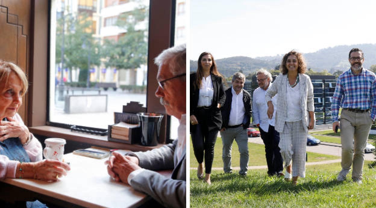 Paz Fernández Felgueroso, que ayer avaló a Floro, se reunió con el candidato en el Café Dindurra antes de acudir juntos a un acto de igualdad en la Casa del Pueblo; a la derecha, Natalia Rodríguez, Xaranzana Rodríguez, Fran López, Fran Flórez, Ana Puerto y Edmundo Pérez, ayer, en terrenos del Parque Científico y Tecnológico de Cabueñes. 