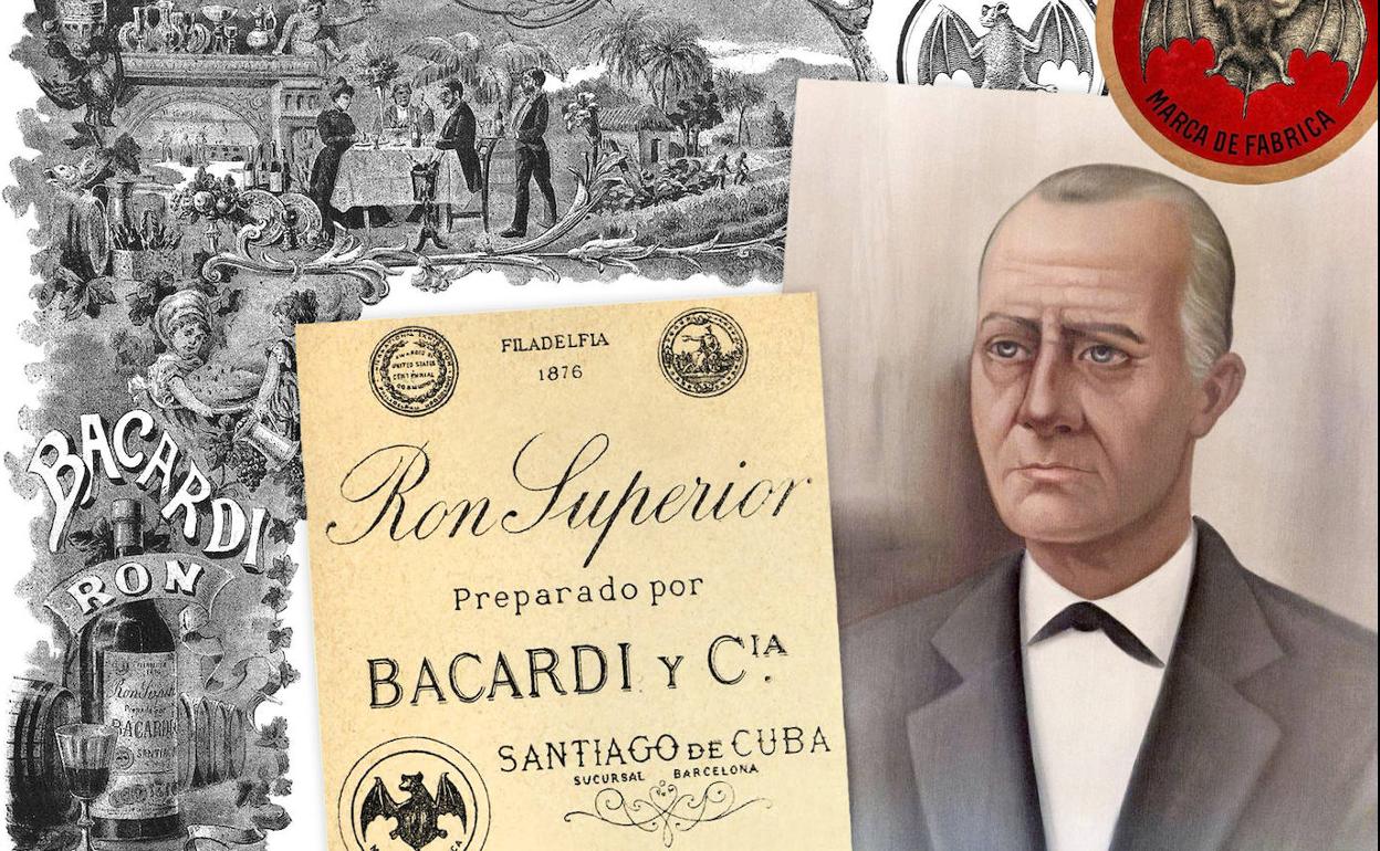 Retrato de don Facundo Bacardí rodeado de antiguas etiquetas y anuncios de su marca.