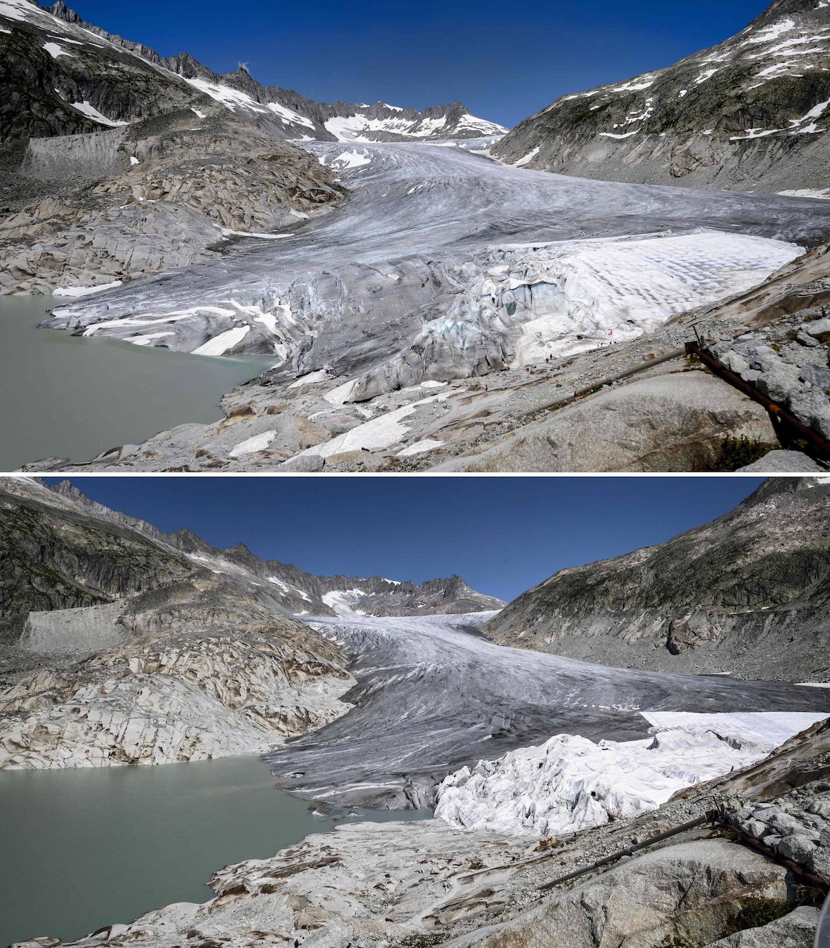 Esta combinación de fotografías muestra el glaciar del Ródano, cerca de Gletsch, cubierto con espuma aislante para protegerse del sol en julio de 2015 (arriba) y la misma ubicación en agosto de 2018 (abajo).