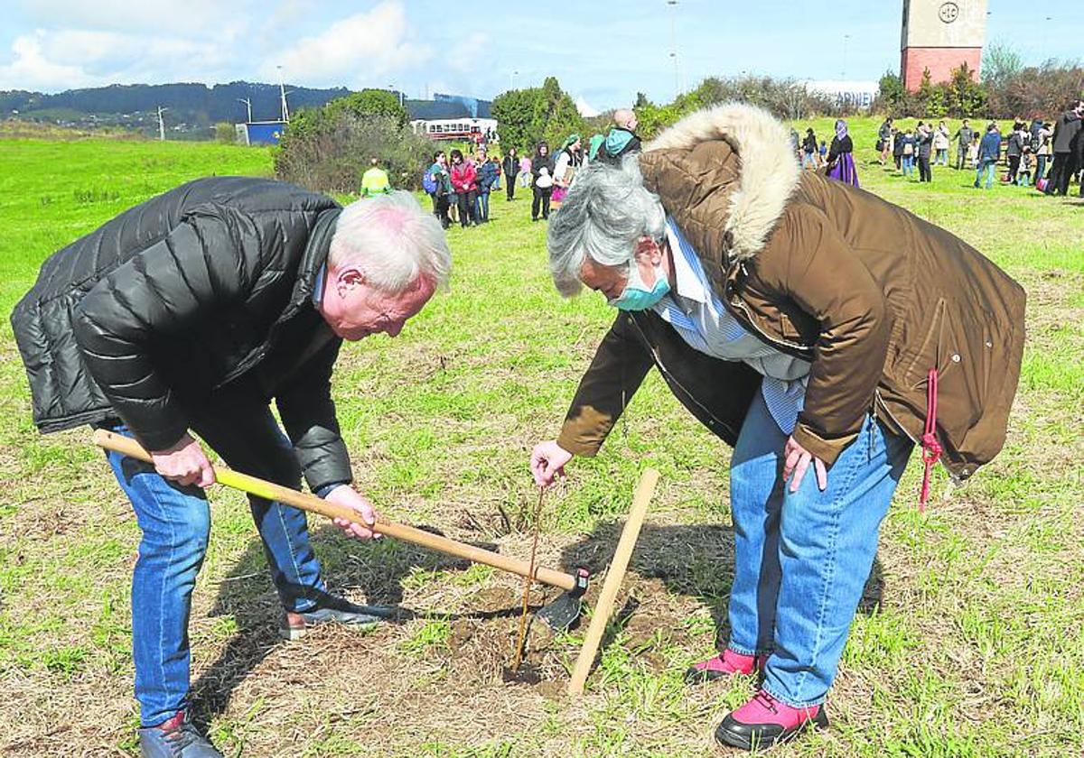 Aurelio Martín y Ana González plantan un árbol en Tremañes.