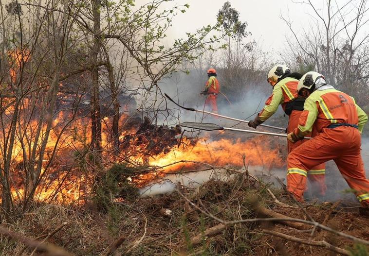 Los bomberos tratan de apagar un fuego en Ovienes, Paredes, en el concejo de Valdés.