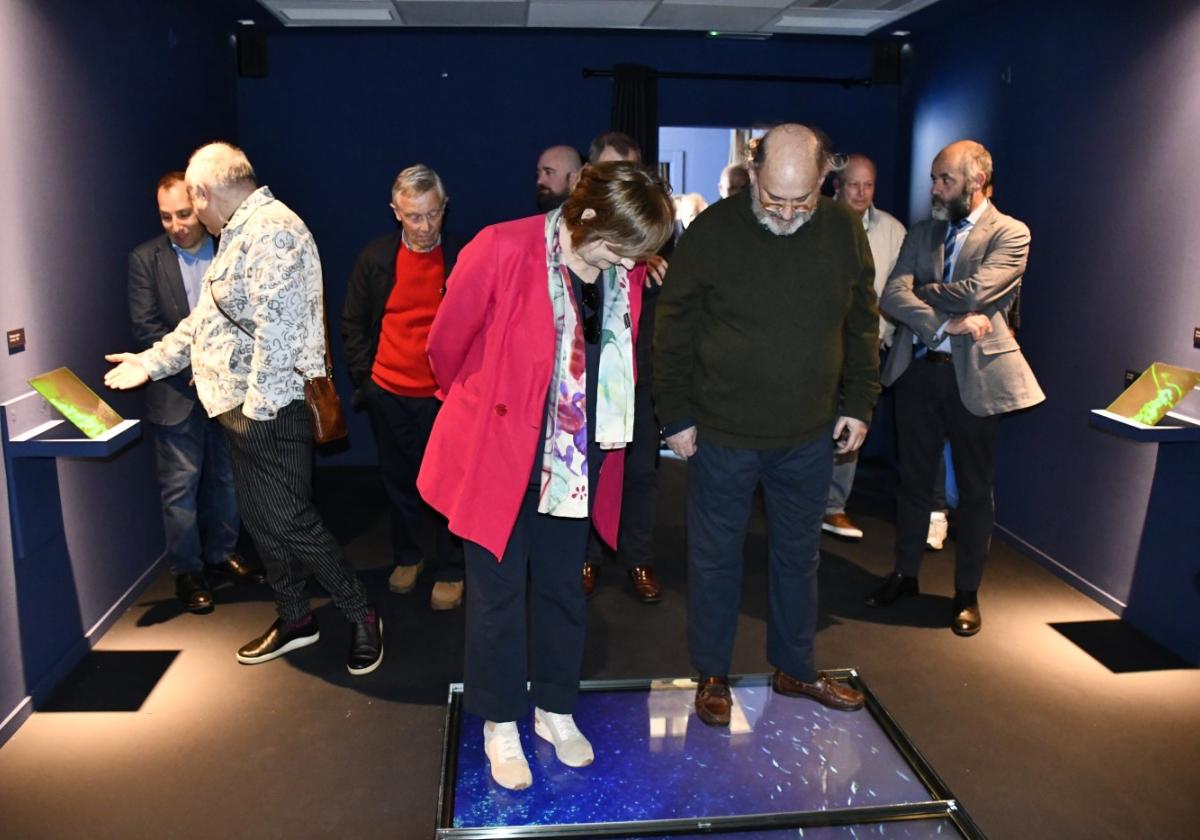 La alcaldesa de Avilés prueba la pantalla que recreará en el suelo del museo la vida del fondo del Cañón de Avilés.