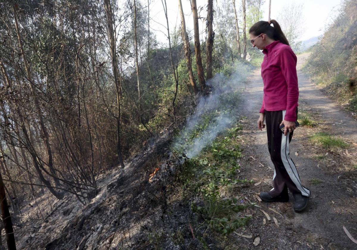 Salomé Fernándes, vecina de Pereda, observa los restos del incendio.