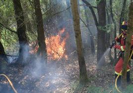 Un efectivo de bomberos sofocando las llamadas del incendio en Las Regueras.