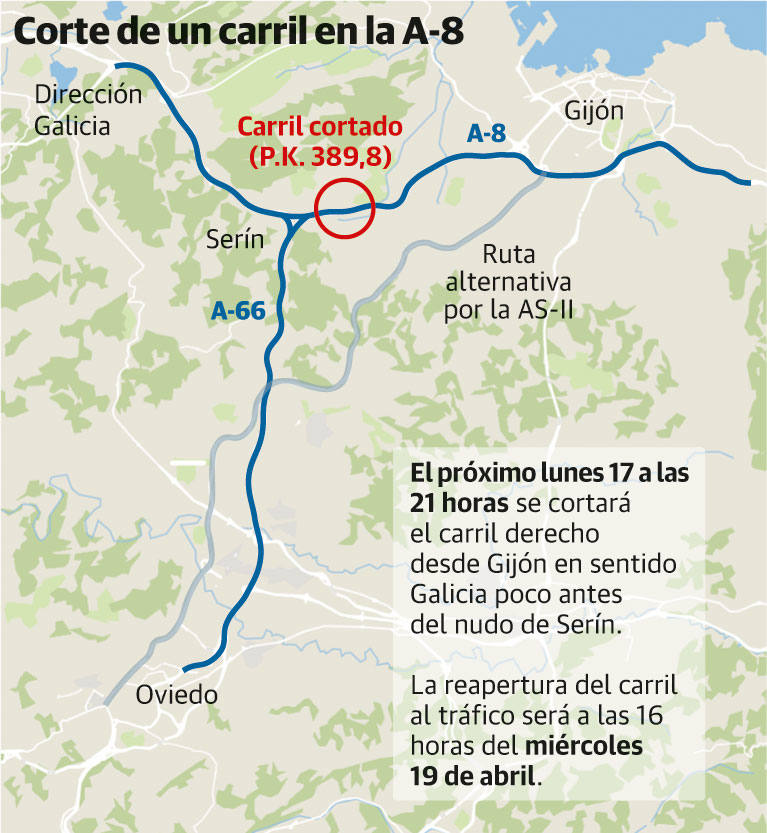 En amarillo, la zona afectada por el corte de un carril.