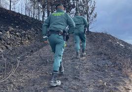 Dos agentes de la Guardia Civil rastrean una de las zonas calcinadas por los incendios.