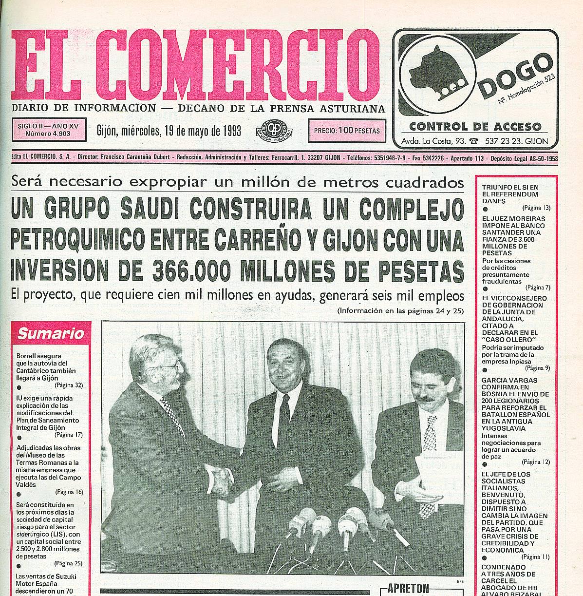 Primera página de EL COMERCIO con el anuncio de la inversión industrial que resultó un fiasco.