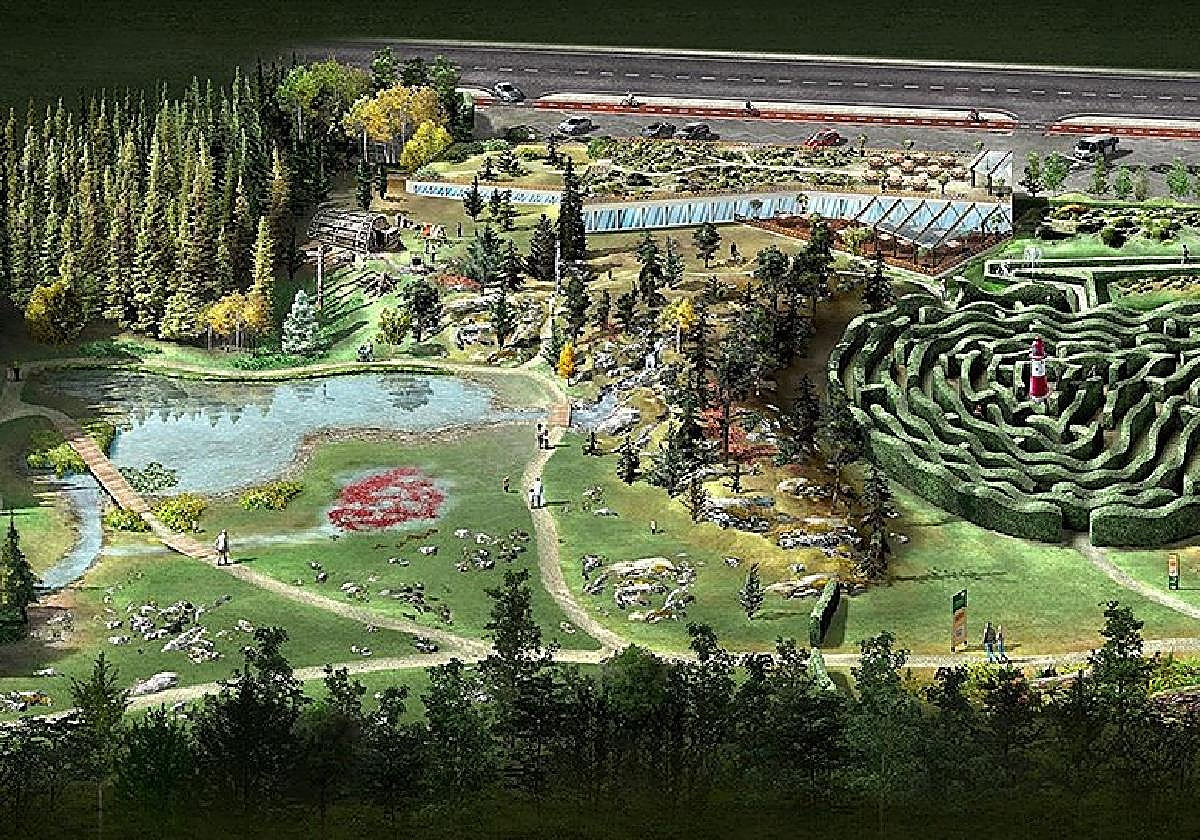 Infografía del aspecto que presentaría el Botánico con el nuevo edificio; al fondo, soterrado en azul.