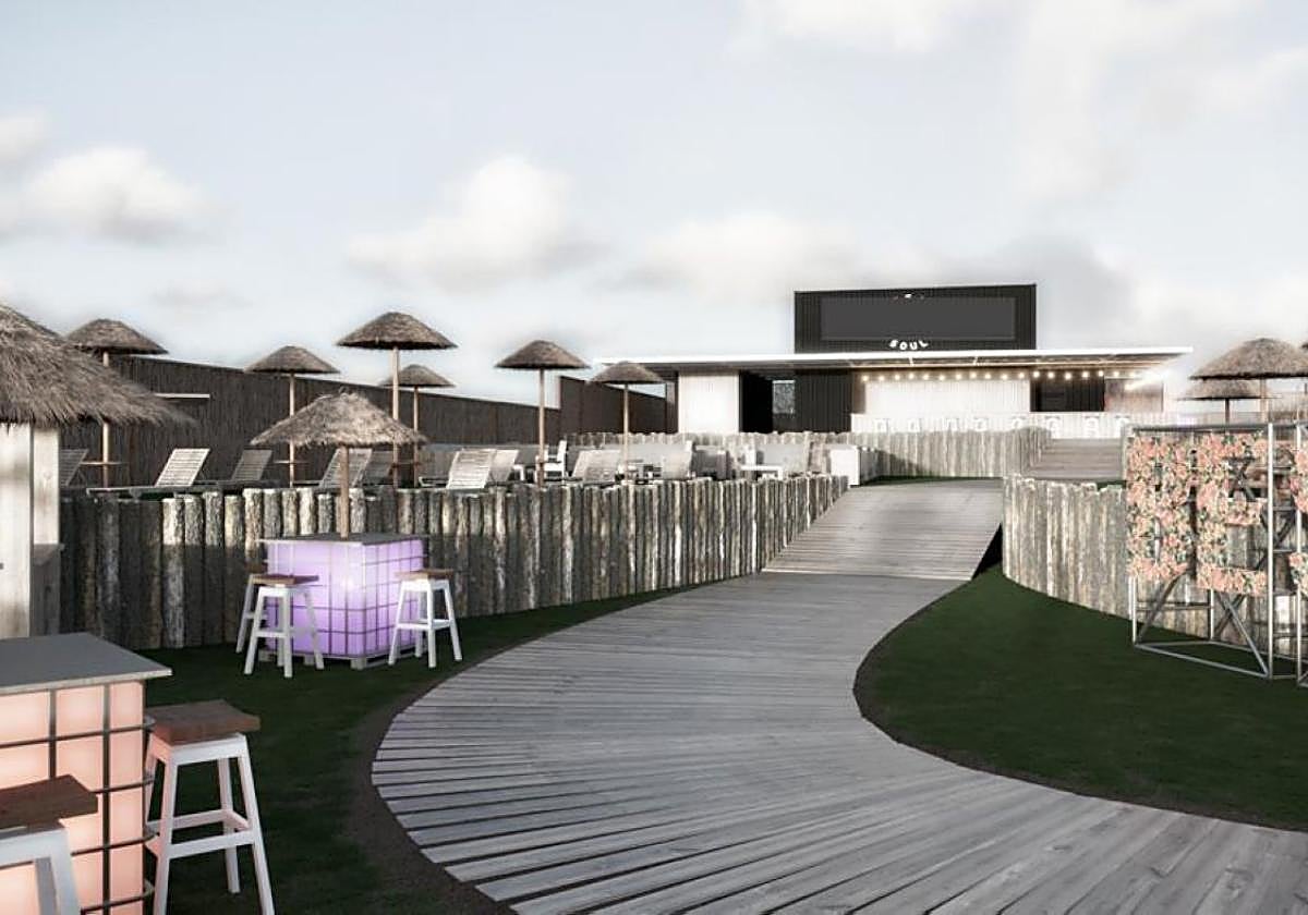Recreación infográfica de la terraza del futuro merendero Escayosa Beach Club.