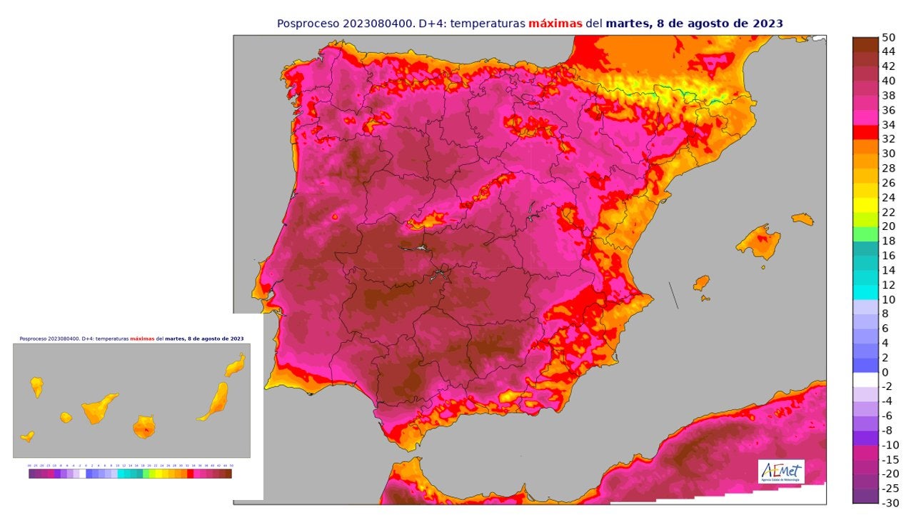 Mapa de temperaturas previstas en España para el próximo martes