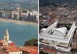 La playa de San Lorenzo, en Gijón, en una vista aérea y el Calatrava, en Oviedo.