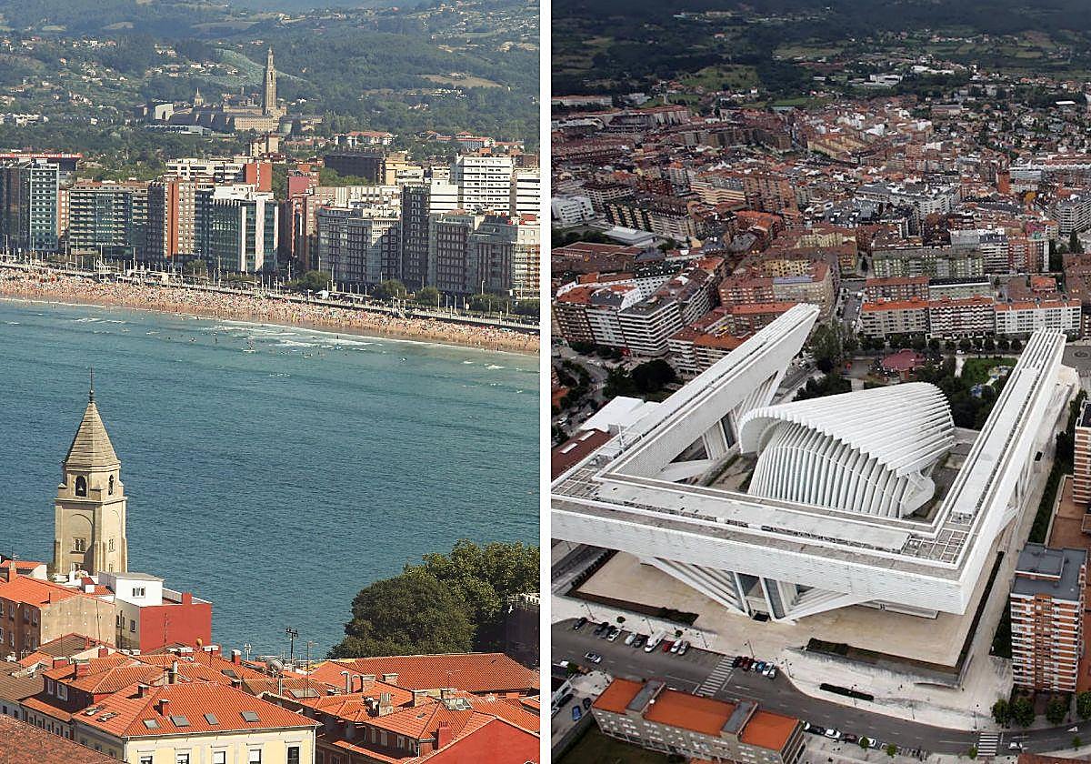La playa de San Lorenzo, en Gijón, en una vista aérea y el Calatrava, en Oviedo.