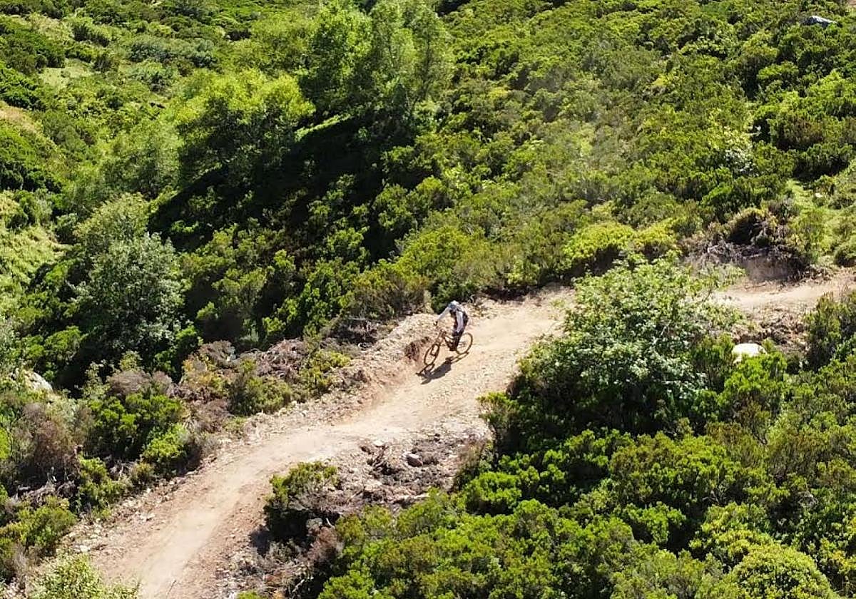 Uno de los usuarios de las pistas de descenso en bicicleta de la estación invernal y de montaña de Valgrande-Pajares este verano.