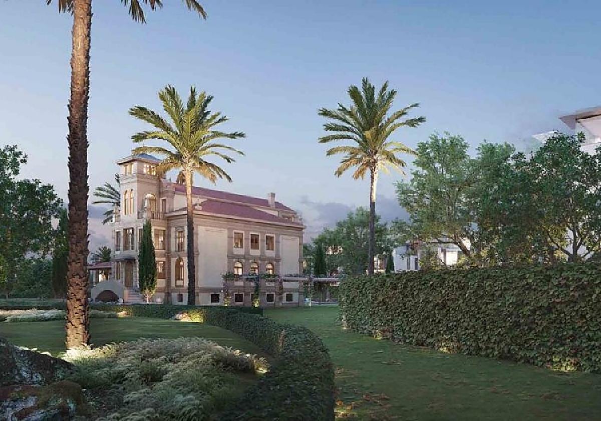 Recreación del palacio de Partarríu y los bloques de viviendas que rodearán a la casona indiana tras su rehabilitación.