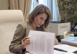 La ministra, revisando documentación en su escritorio.