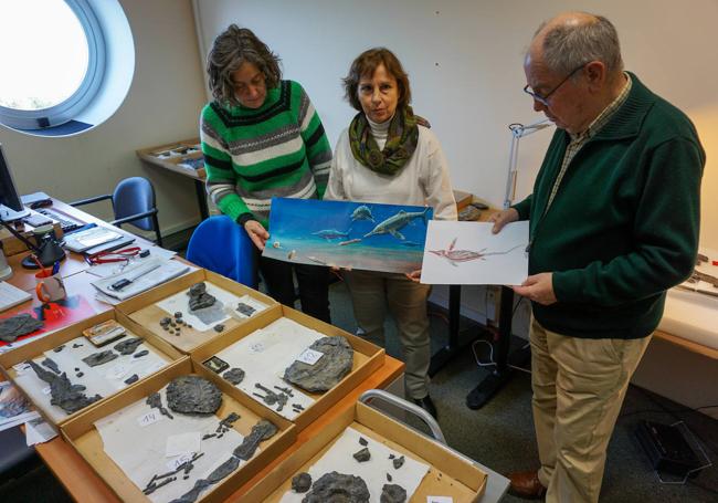 Laura Piñuela, Marta Fernández y José Carlos García-Ramos, junto a las piezas del ictiosaurio.