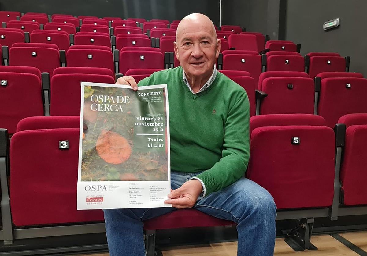 José Luis Montes con el cartel de presentación de la orquesta.