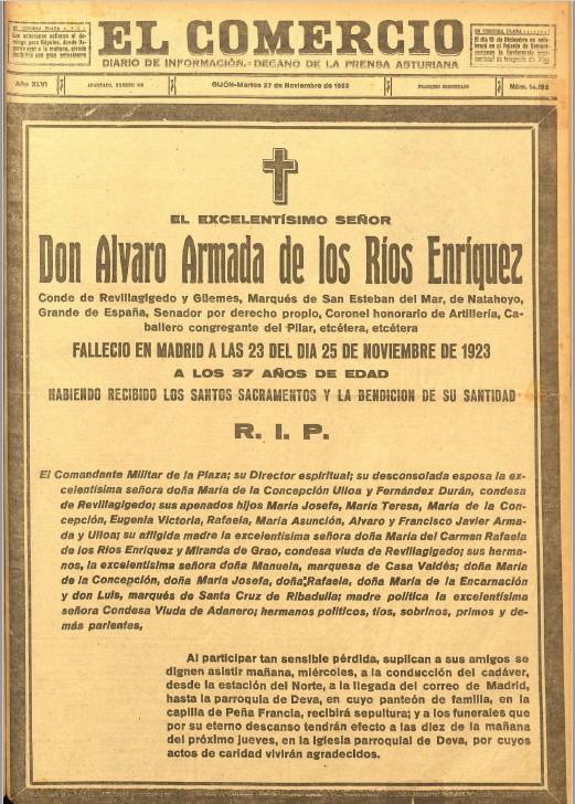 Imagen - Una esquela ocupó toda la primera página de EL COMERCIO por el fallecimiento del conde.