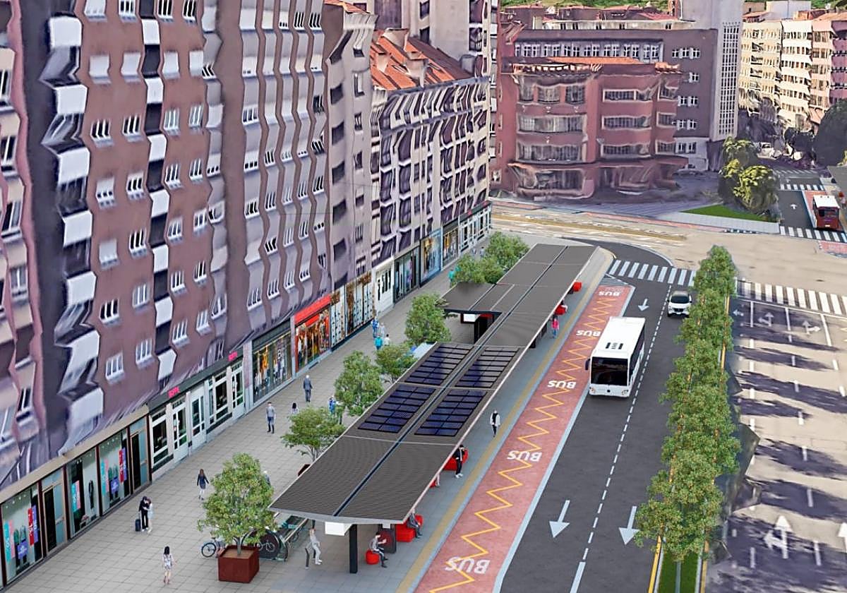 Infografía con una vista aérea de cómo quedarán las marquesinas del intercambiador en la Acerona y en el paseo de la Infancia.