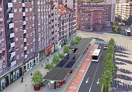 Infografía con una vista aérea de cómo quedarán las marquesinas del intercambiador en la Acerona y en el paseo de la Infancia.