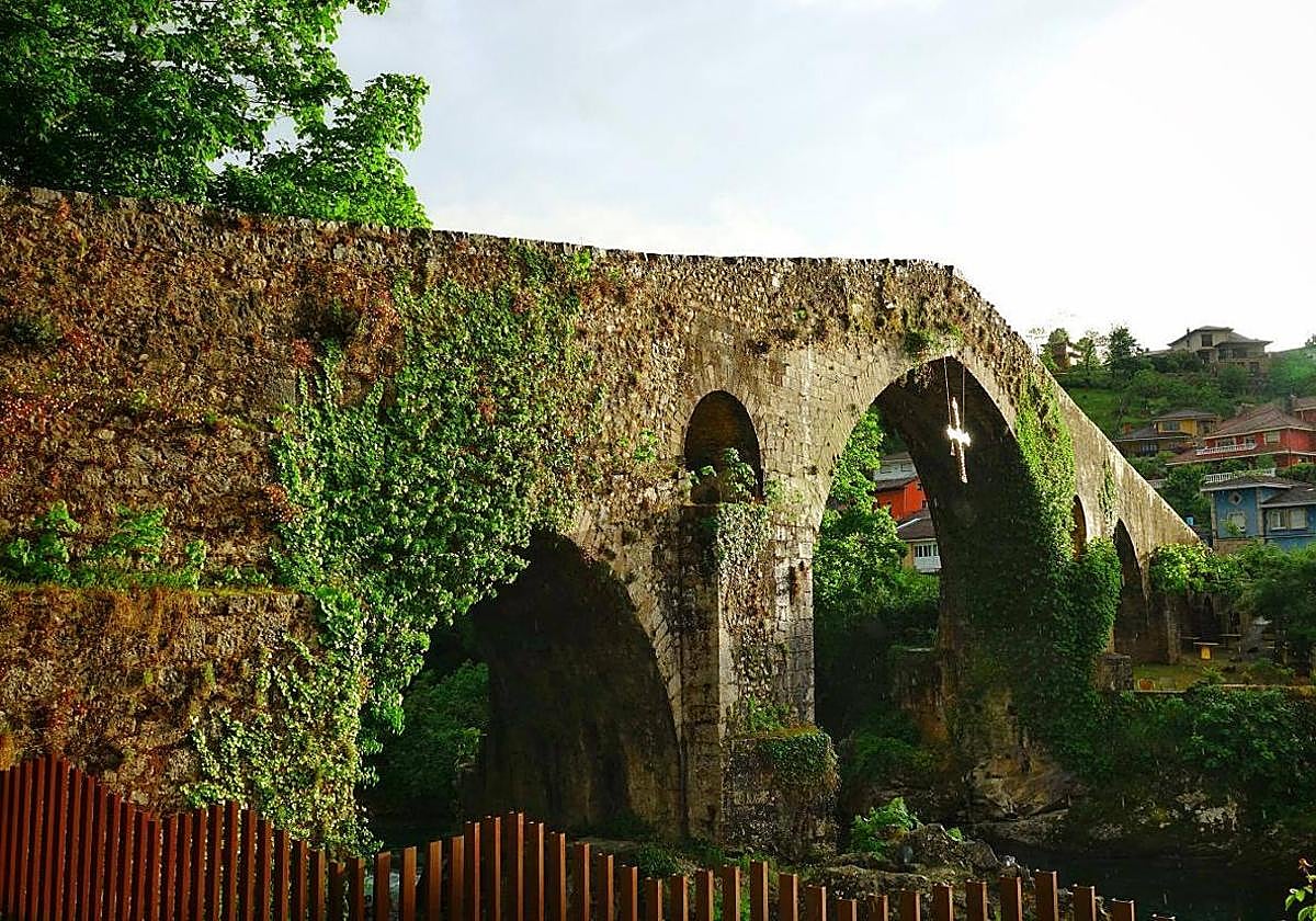 El Puente Romano de Cangas de Onís está completamente tomado por la maleza.